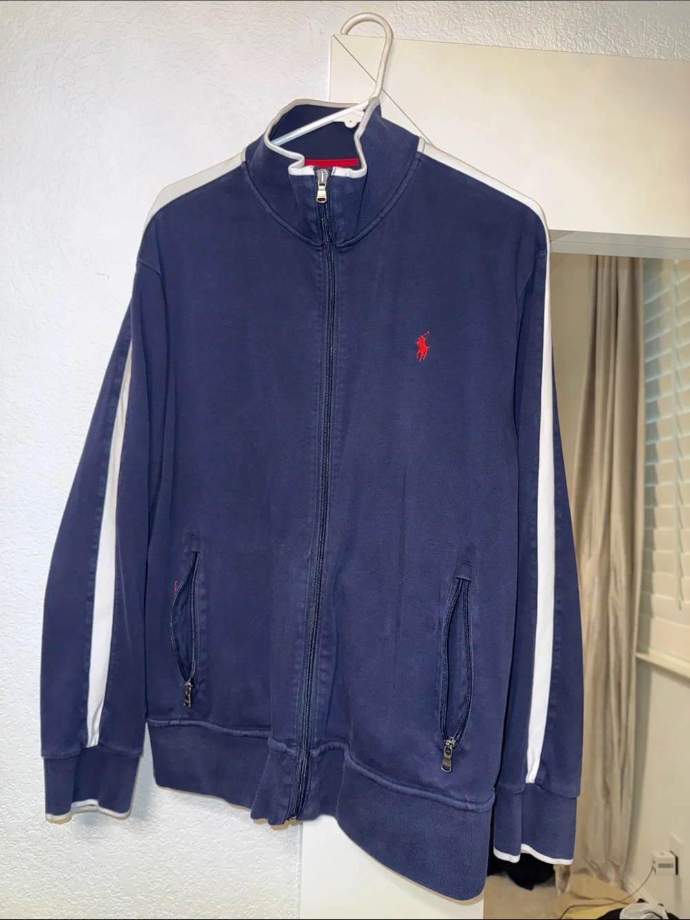 Polo by Ralph Lauren Navy Zip-Up Track Jacket with White Stripes and Red Pony